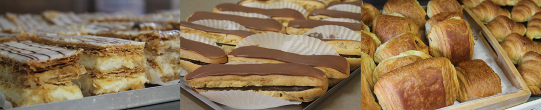 French vanilla slice, chocolate eclairs, pain au chocolate